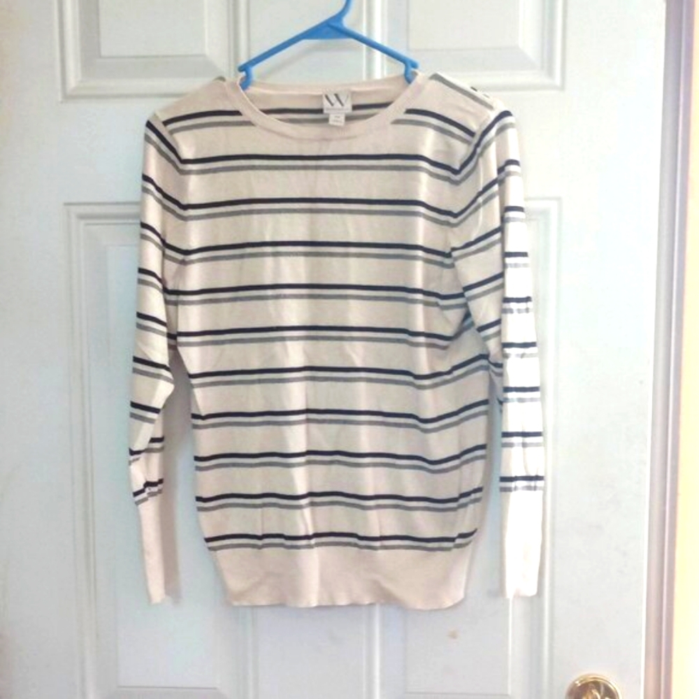 Worthington Womens Petite Medium Sweater RN93677 Gray Black Stripes Crew Neck